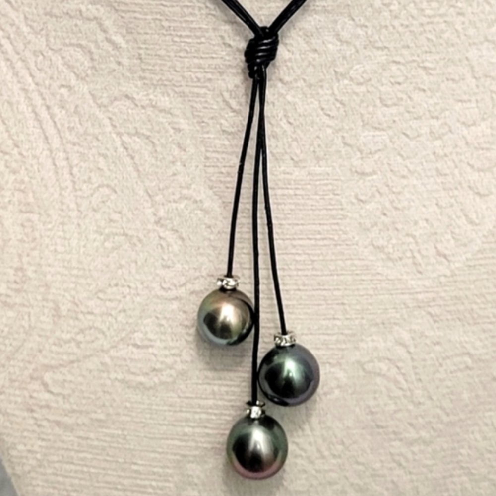 🎋Tahitian Casade Pearl 925 Sterling Silver Leather Necklace - Picture 8 of 14